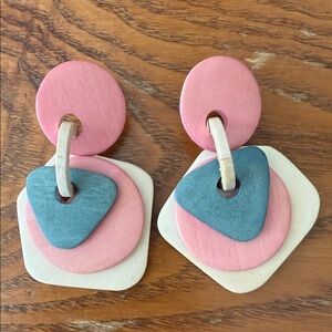 Vintage Pink Blue Cream Geometric Layered Dangle Earrings-One of a Kind!